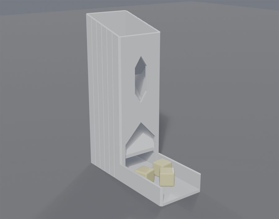 La torre de dados completa con su bandeja y tres dados recogidos