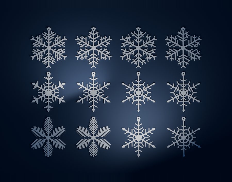 Los doce copos de nieve del pack sobre fondo azul