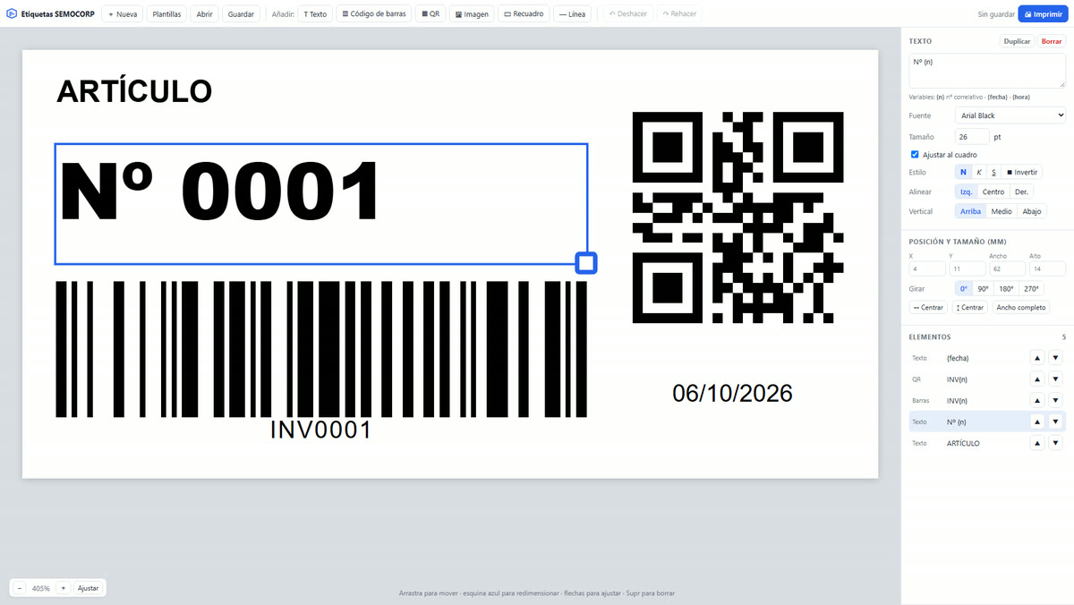 Etiqueta de inventario con numeración automática y código de barras