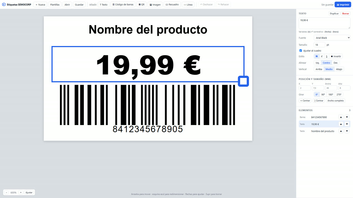 Etiqueta de producto con nombre, precio y código EAN-13