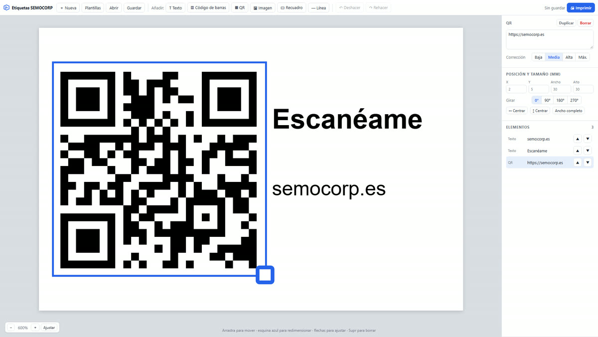Etiqueta con código QR y texto