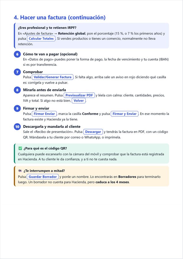 Página de la guía con los pasos para hacer una factura