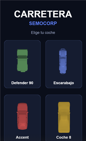 Pantalla de inicio de Carretera SEMOCORP con los cuatro coches