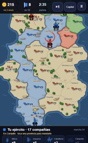 Partida de Reinos: un mapa de provincias con castillos, aldeas y ejércitos de miniaturas