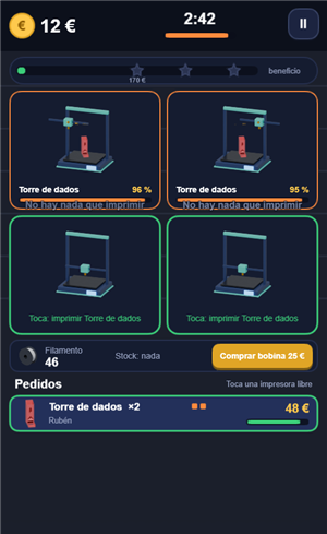 Partida de Taller 3D: cuatro impresoras imprimiendo torres de dados