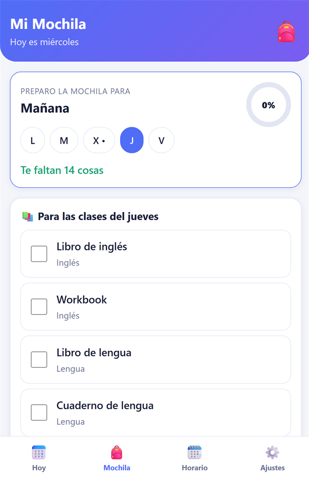 Lista de la mochila para mañana con casillas para ir marcando