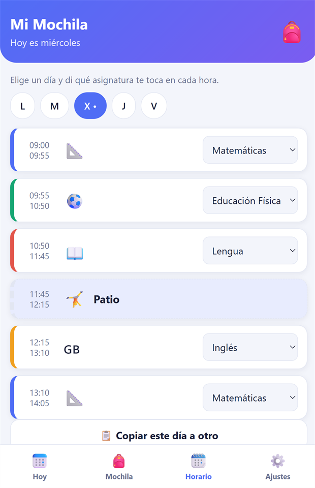 Pantalla para asignar qué asignatura toca en cada hora