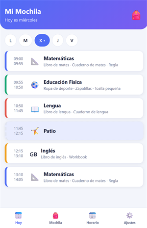 Pantalla de la app Mi Mochila