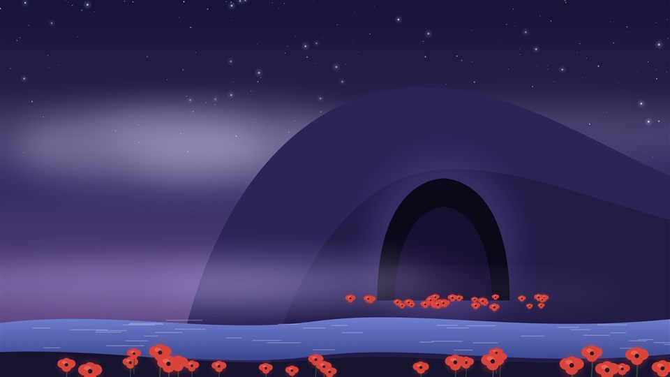 La cueva del sueño en la ladera de una montaña, con amapolas rojas y un río tranquilo