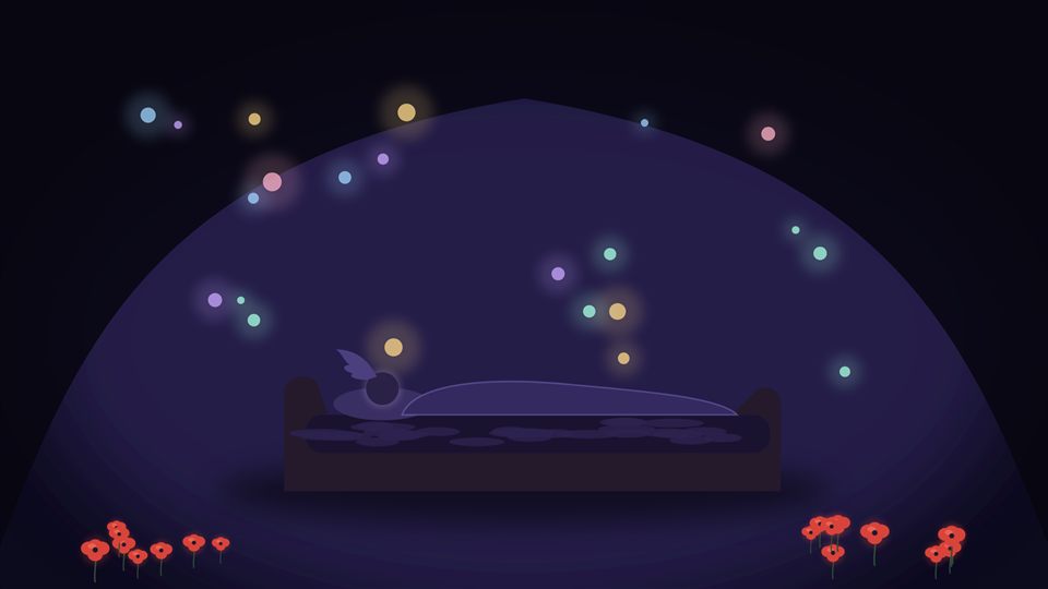 Hipnos dormido en su cama de ébano, rodeado de sueños que flotan como luces