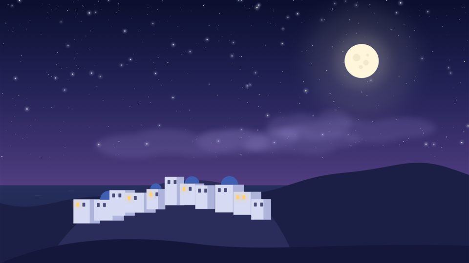 Un pueblo de casas blancas junto al mar, de noche, con la luna llena