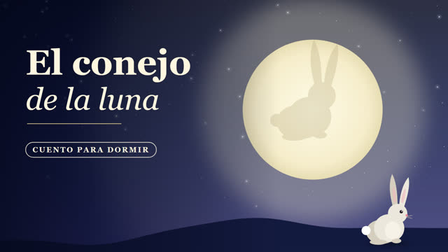 La silueta de un conejo dibujada en la luna llena y un conejito mirándola